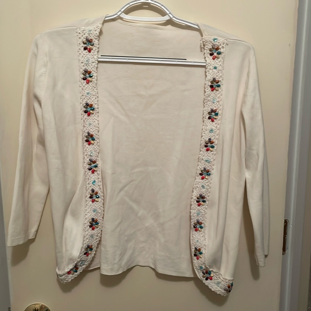Ivory, beaded jacket, sz. small, polyester material, great condition.